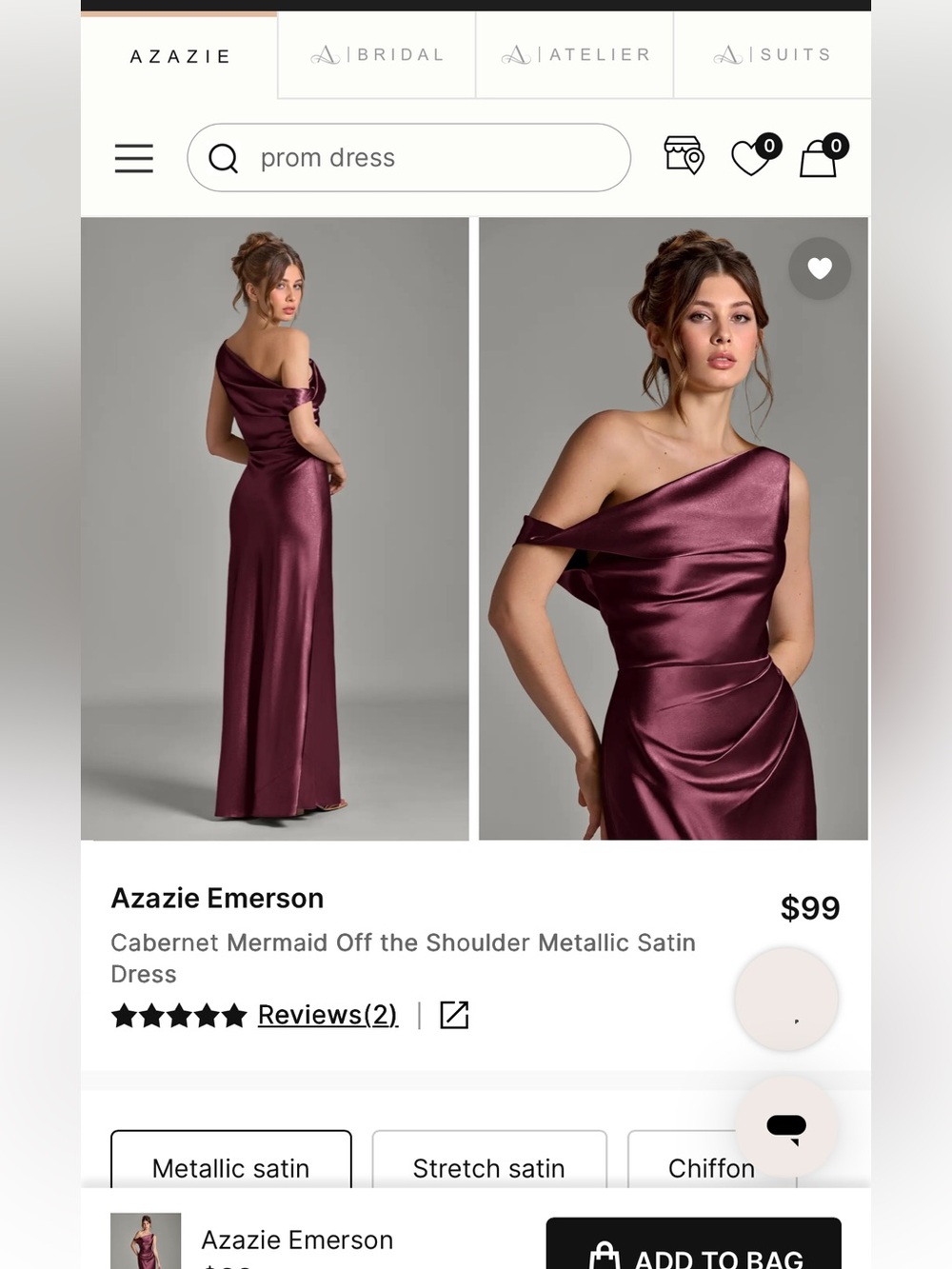 Azazie Emerson
Cabernet Mermaid Off the Shoulder Metallic Satin Dress - Picture 3 of 4